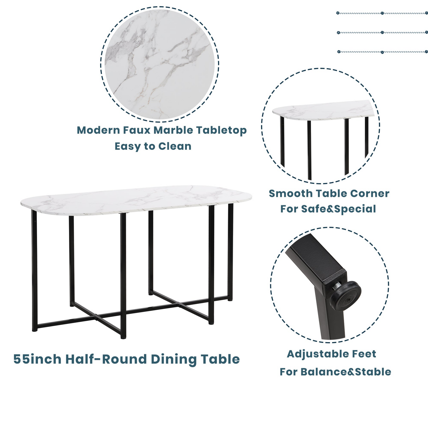 Modern 7-Piece Dining Table Set with Faux Marble Compact 55Inch Kitchen Table Set for 6, Black+White
