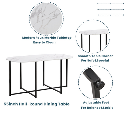 Modern 7-Piece Dining Table Set with Faux Marble Compact 55Inch Kitchen Table Set for 6, Black+White