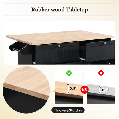 Farmhouse Kitchen Island Set with Drop Leaf and 2 Seatings,Dining Table Set with Storage Cabinet, Drawers and Towel Rack, Black+Rustic Brown