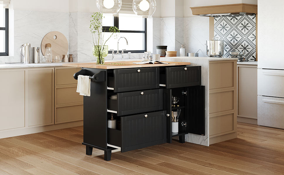 Farmhouse Kitchen Island Set with Drop Leaf and 2 Seatings,Dining Table Set with Storage Cabinet, Drawers and Towel Rack, Black+Rustic Brown
