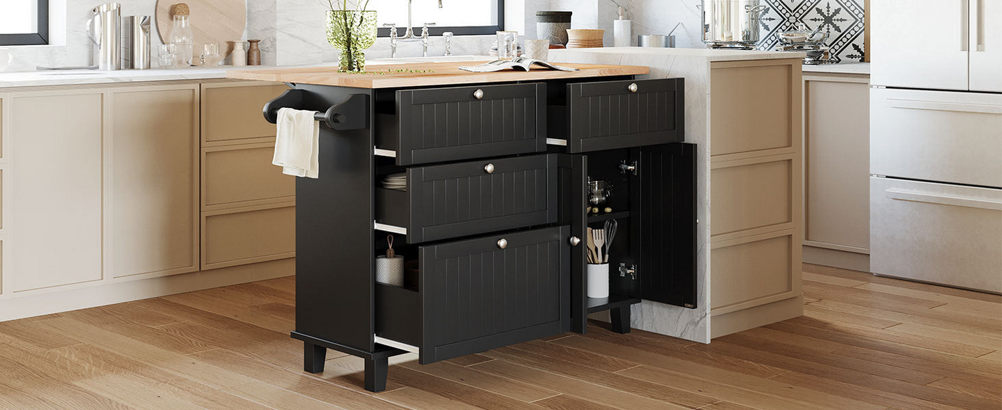 Farmhouse Kitchen Island Set with Drop Leaf and 2 Seatings,Dining Table Set with Storage Cabinet, Drawers and Towel Rack, Black+Rustic Brown