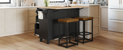 Farmhouse Kitchen Island Set with Drop Leaf and 2 Seatings,Dining Table Set with Storage Cabinet, Drawers and Towel Rack, Black+Rustic Brown