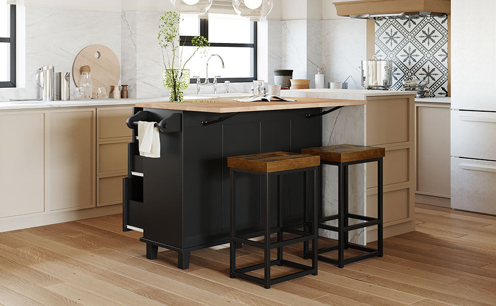 Farmhouse Kitchen Island Set with Drop Leaf and 2 Seatings,Dining Table Set with Storage Cabinet, Drawers and Towel Rack, Black+Rustic Brown