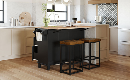 Farmhouse Kitchen Island Set with Drop Leaf and 2 Seatings,Dining Table Set with Storage Cabinet, Drawers and Towel Rack, Black+Rustic Brown