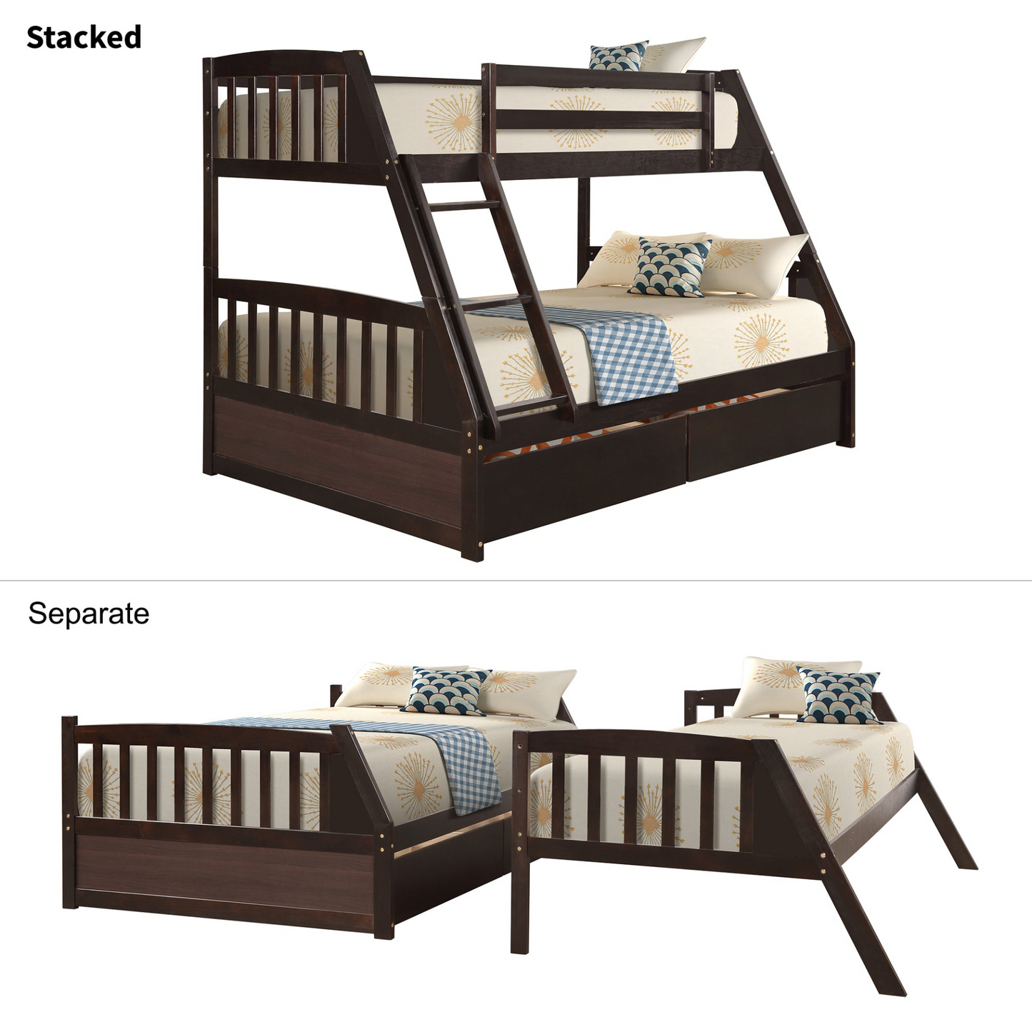 Solid Wood Twin Over Full Bunk Bed with Two Storage Drawers, Espresso