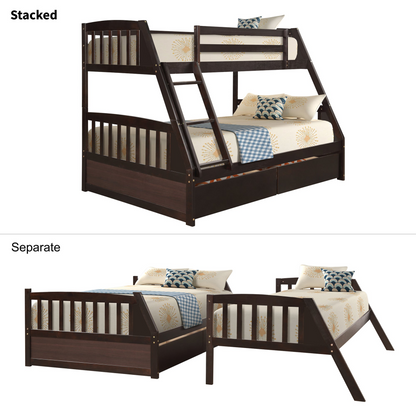 Solid Wood Twin Over Full Bunk Bed with Two Storage Drawers, Espresso