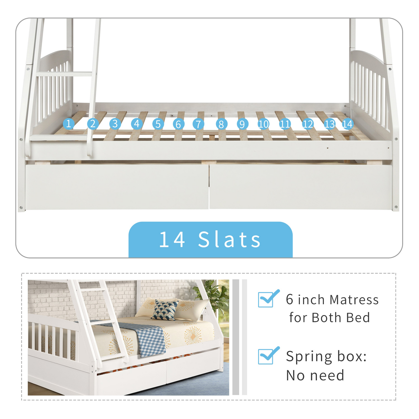Solid Wood Twin Over Full Bunk Bed with Two Storage Drawers, White