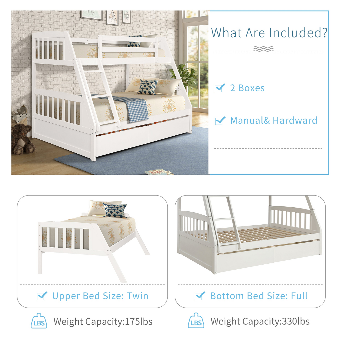 Solid Wood Twin Over Full Bunk Bed with Two Storage Drawers, White