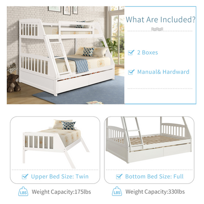 Solid Wood Twin Over Full Bunk Bed with Two Storage Drawers, White