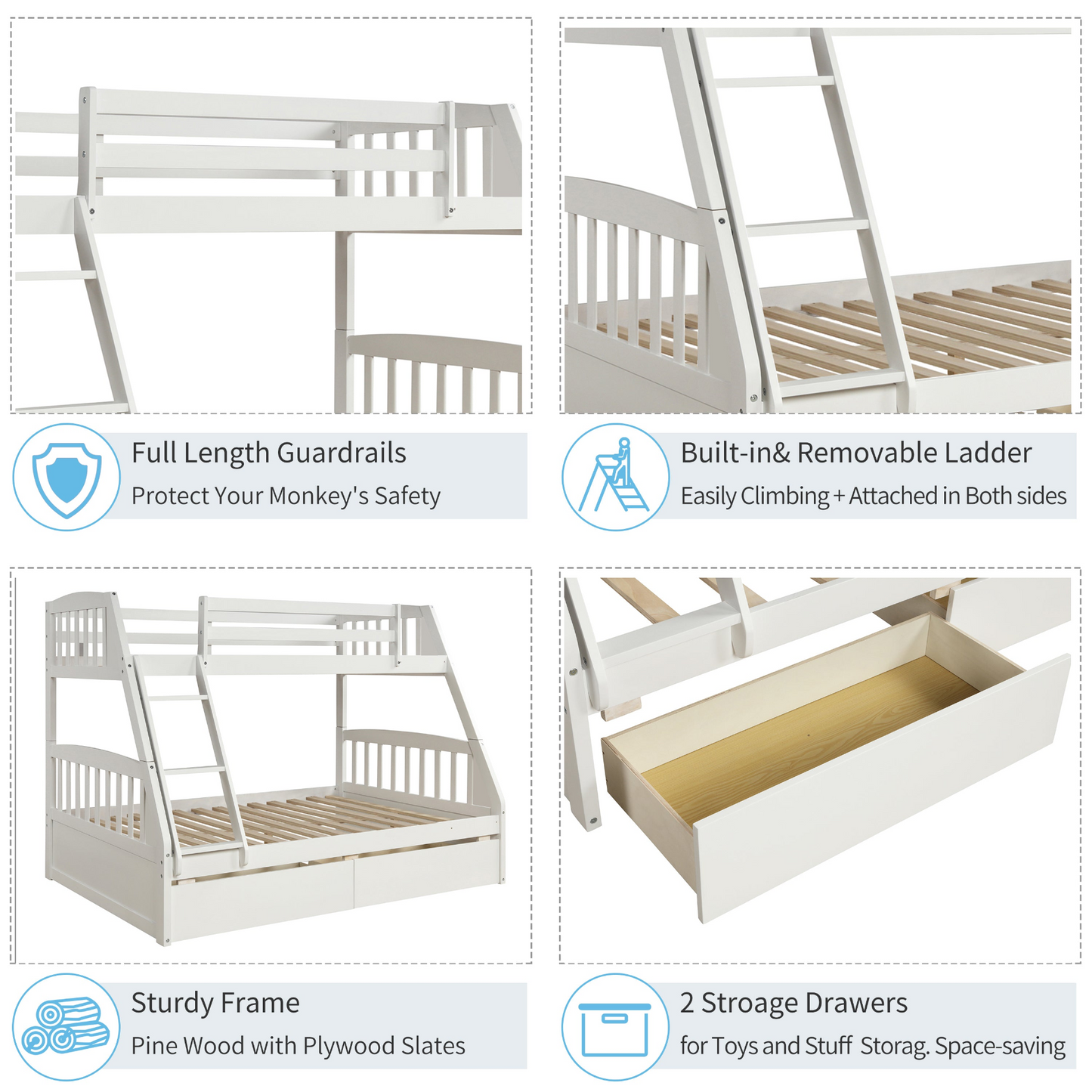 Solid Wood Twin Over Full Bunk Bed with Two Storage Drawers, White