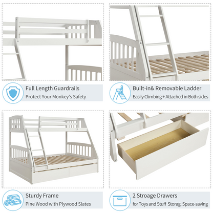 Solid Wood Twin Over Full Bunk Bed with Two Storage Drawers, White