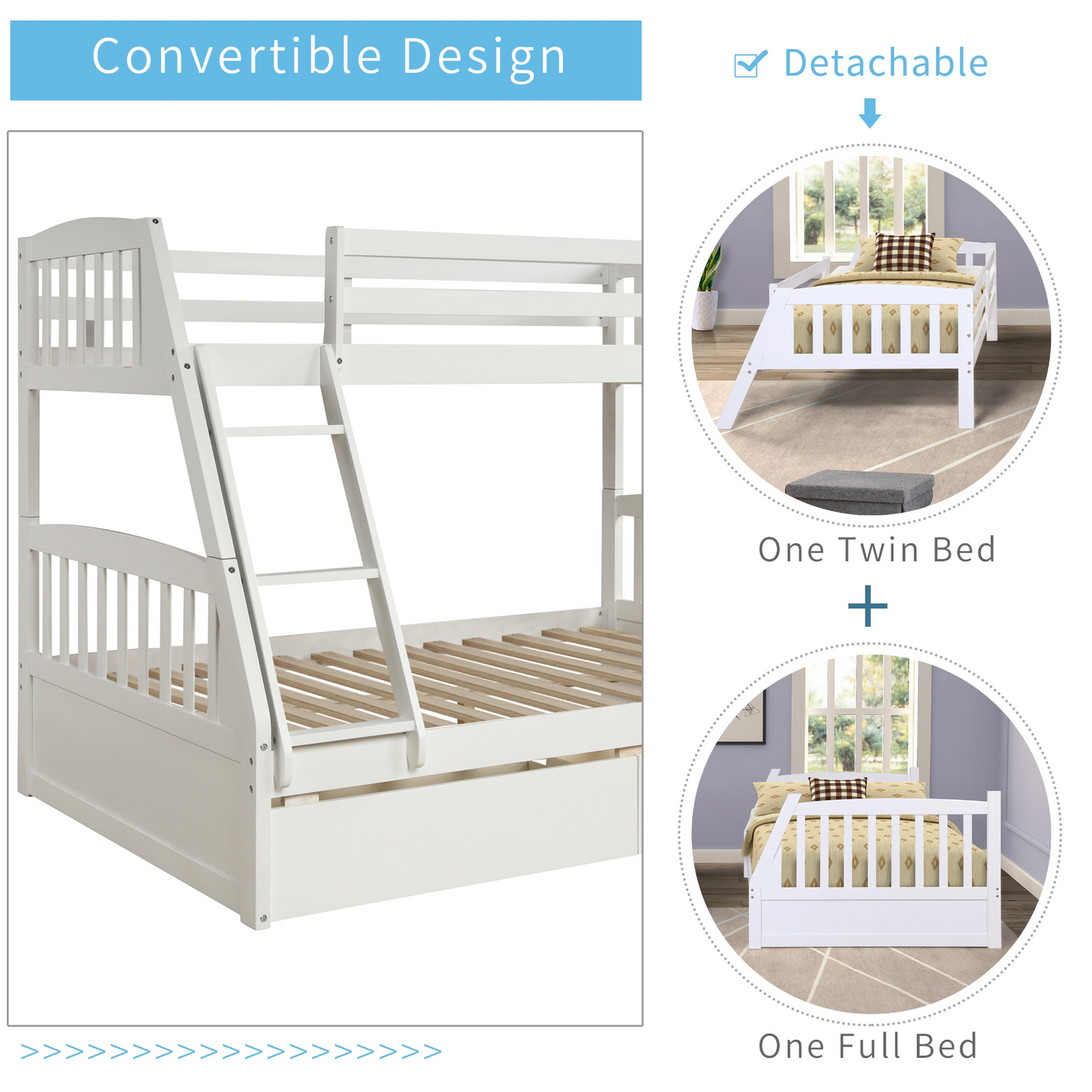 Solid Wood Twin Over Full Bunk Bed with Two Storage Drawers, White