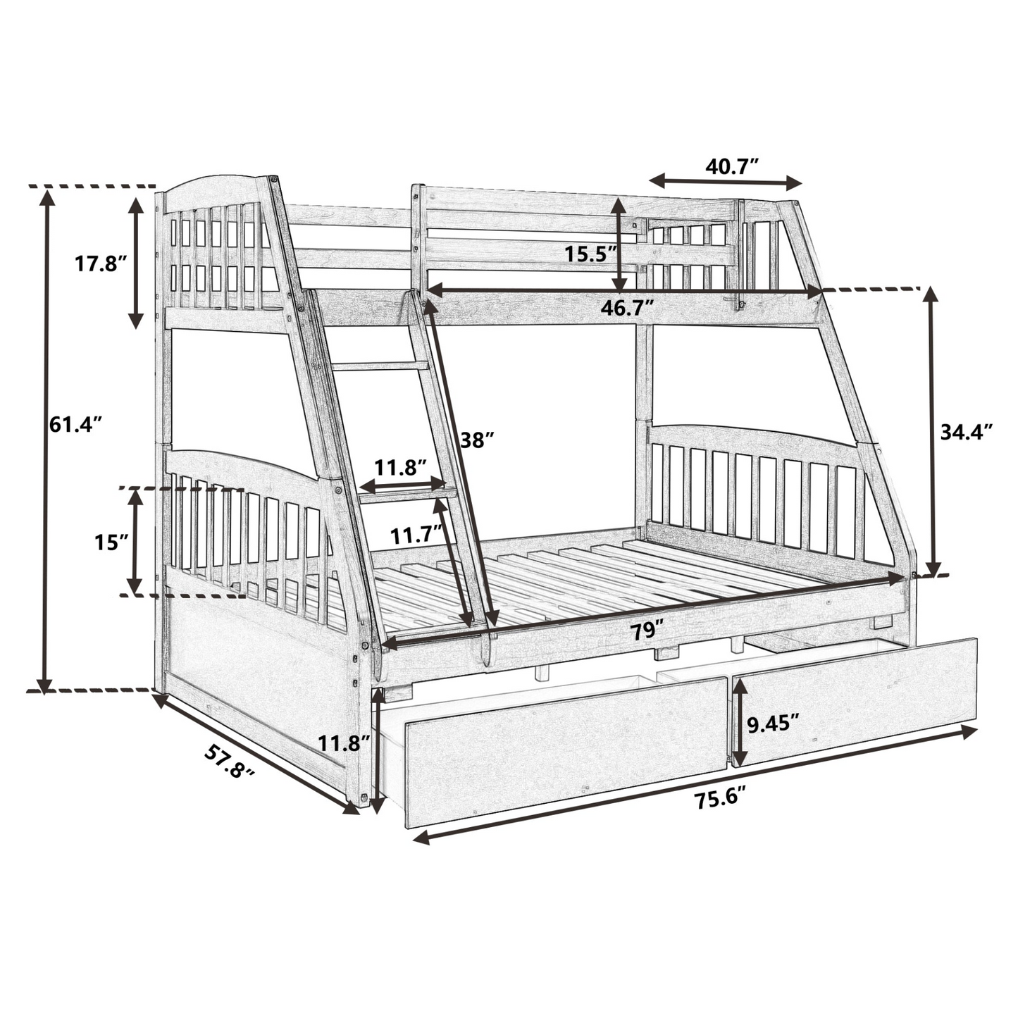 Solid Wood Twin Over Full Bunk Bed with Two Storage Drawers, White