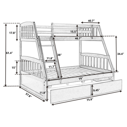 Solid Wood Twin Over Full Bunk Bed with Two Storage Drawers, White