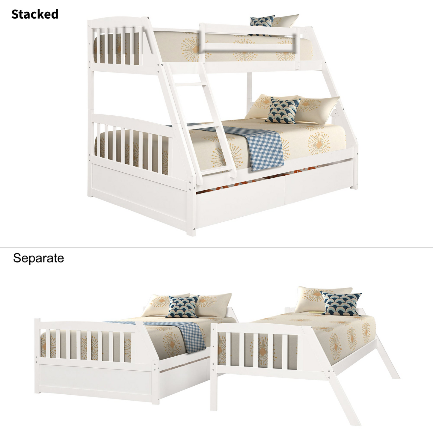 Solid Wood Twin Over Full Bunk Bed with Two Storage Drawers, White