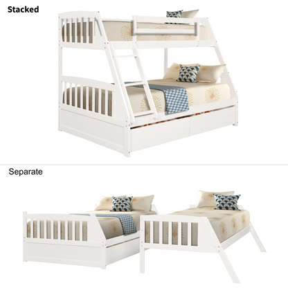 Solid Wood Twin Over Full Bunk Bed with Two Storage Drawers, White