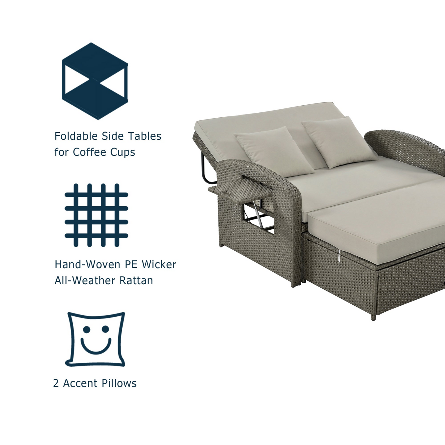 PE Wicker Rattan Double Chaise Lounge, 2-Person Reclining Daybed with Adjustable Back and Cushions, Free Furniture Protection Cover,Gray