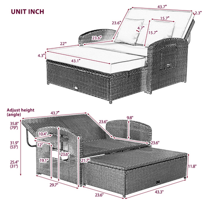 PE Wicker Rattan Double Chaise Lounge, 2-Person Reclining Daybed with Adjustable Back and Cushions, Free Furniture Protection Cover,Gray