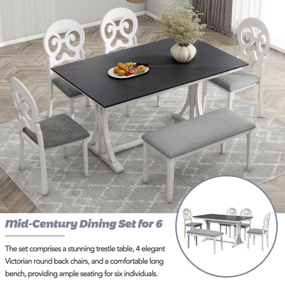 Mid-Century 6-Piece Trestle Table Set with Victorian Round Upholstered Dining Chairs and Long Bench, Gray+Antique White
