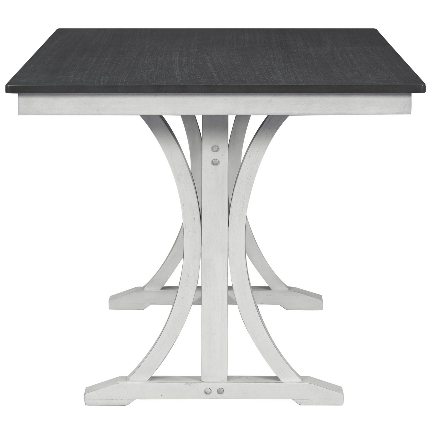 Mid-Century 6-Piece Trestle Table Set with Victorian Round Upholstered Dining Chairs and Long Bench, Gray+Antique White