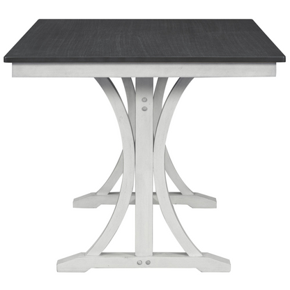 Mid-Century 6-Piece Trestle Table Set with Victorian Round Upholstered Dining Chairs and Long Bench, Gray+Antique White