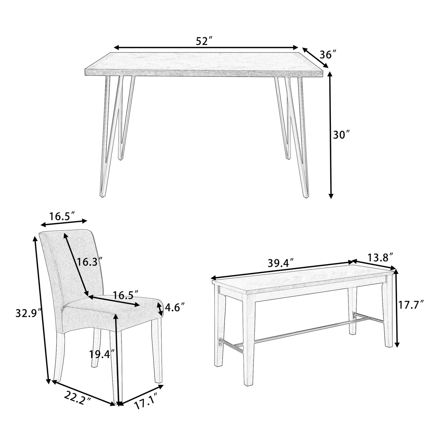 Modern 6-Piece Dining Table Set with V-Shape Metal Legs, Wood Kitchen Table Set with 4 Upholstered Chairs and Bench for 6,Brown