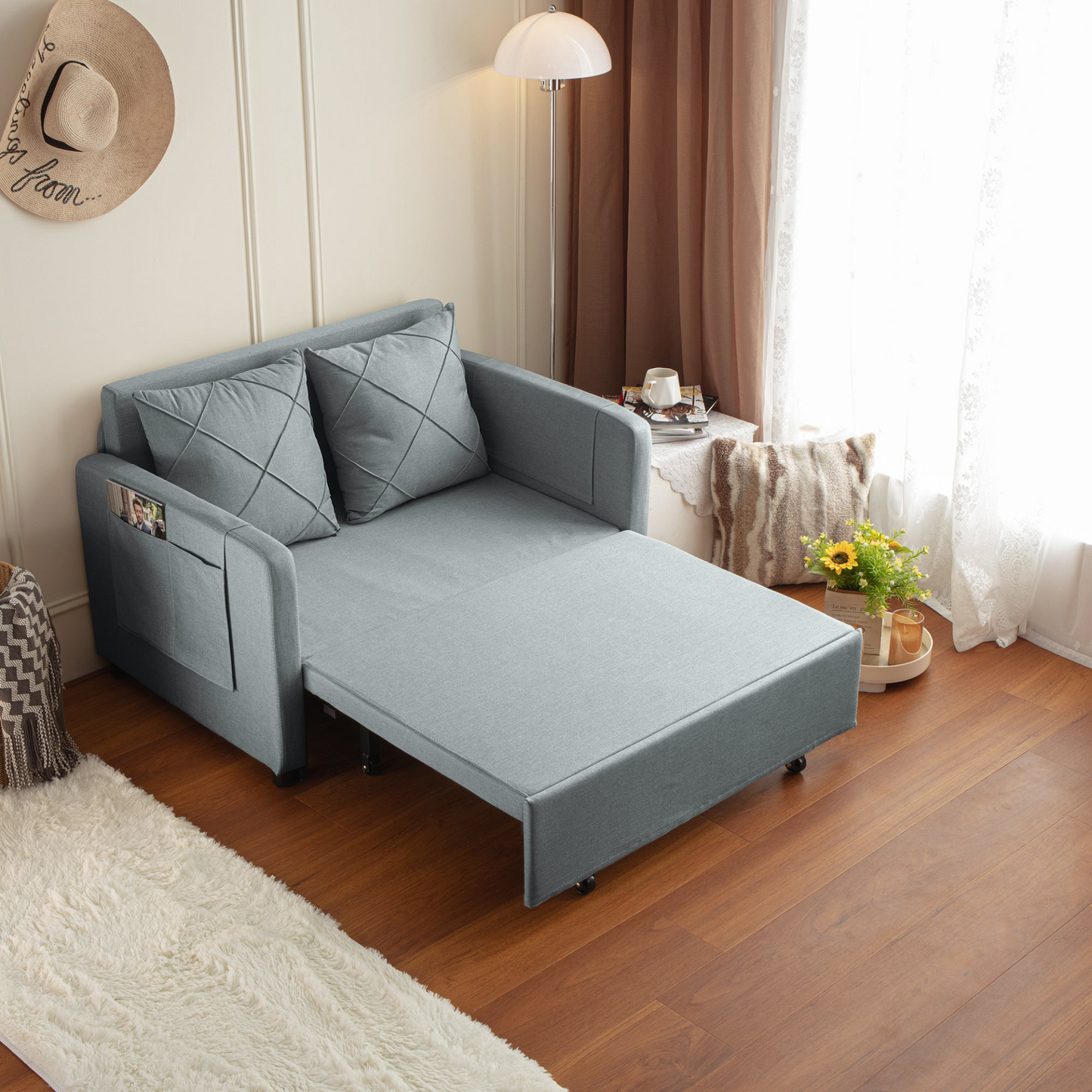 Modern Love Seat Futon Sofa Bed with Headboard,Linen Love seat Couch,Pull Out Sofa Bed With 2 Pillows & 2 Sides Pockets for Any Small Spaces