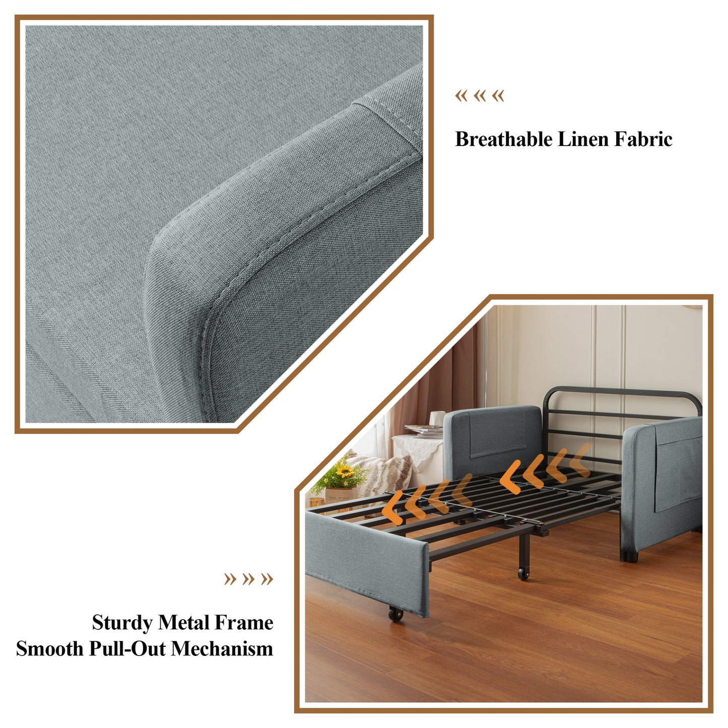 Modern Love Seat Futon Sofa Bed with Headboard,Linen Love seat Couch,Pull Out Sofa Bed With 2 Pillows & 2 Sides Pockets for Any Small Spaces