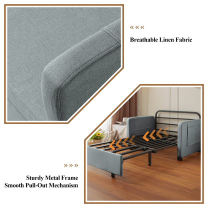 Modern Love Seat Futon Sofa Bed with Headboard,Linen Love seat Couch,Pull Out Sofa Bed With 2 Pillows & 2 Sides Pockets for Any Small Spaces