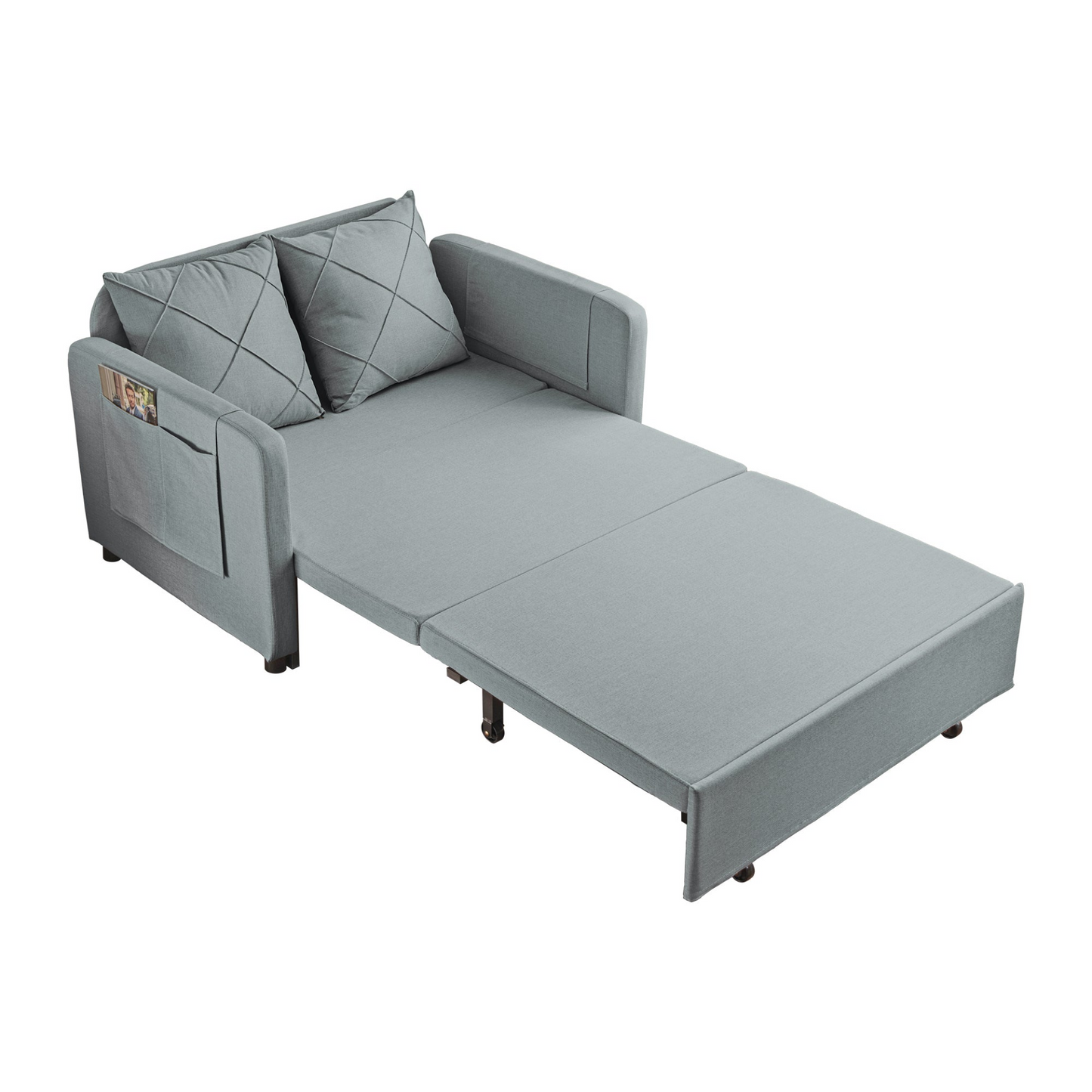 Modern Love Seat Futon Sofa Bed with Headboard,Linen Love seat Couch,Pull Out Sofa Bed With 2 Pillows & 2 Sides Pockets for Any Small Spaces