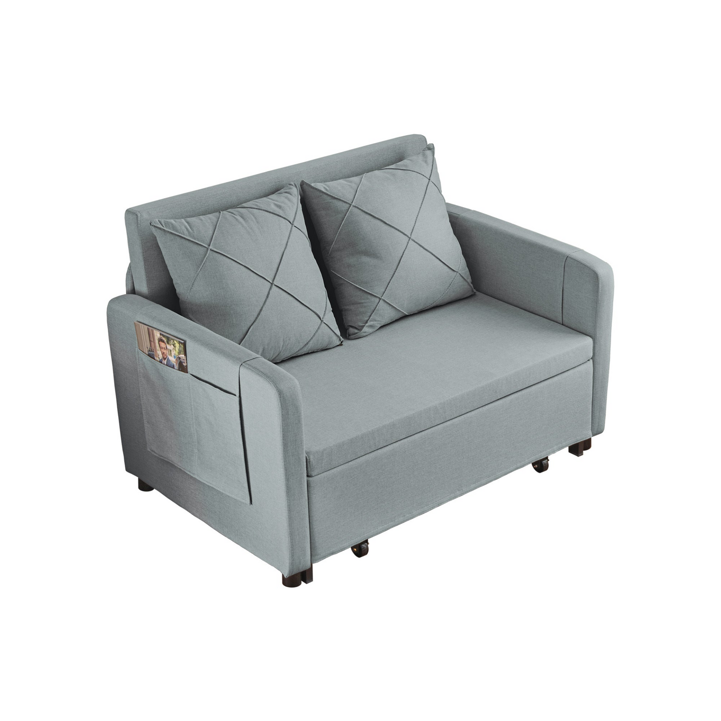 Modern Love Seat Futon Sofa Bed with Headboard,Linen Love seat Couch,Pull Out Sofa Bed With 2 Pillows & 2 Sides Pockets for Any Small Spaces