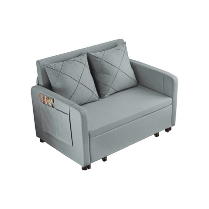 Modern Love Seat Futon Sofa Bed with Headboard,Linen Love seat Couch,Pull Out Sofa Bed With 2 Pillows & 2 Sides Pockets for Any Small Spaces