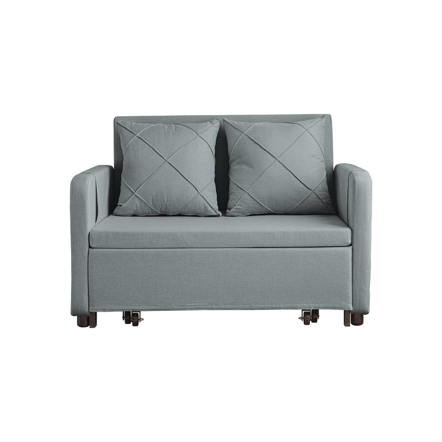 Modern Love Seat Futon Sofa Bed with Headboard,Linen Love seat Couch,Pull Out Sofa Bed With 2 Pillows & 2 Sides Pockets for Any Small Spaces