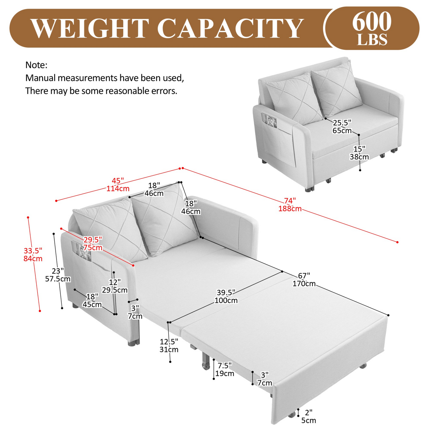 Modern Love Seat Futon Sofa Bed with Headboard,Linen Love seat Couch,Pull Out Sofa Bed With 2 Pillows & 2 Sides Pockets for Any Small Spaces
