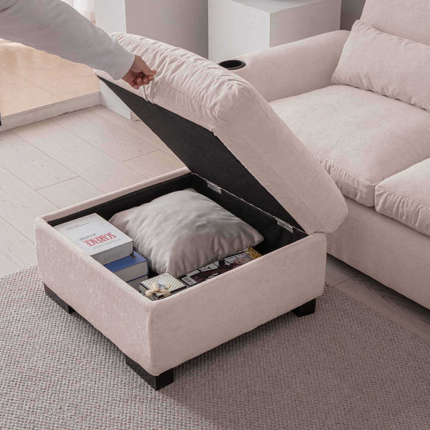 114.5"Modern Modular L Shaped Chenille Sofa Couch Reversible Ottoman With Storage Removable and Washable Cushions Sofa With USB Ports & Cup Holder For Living Room