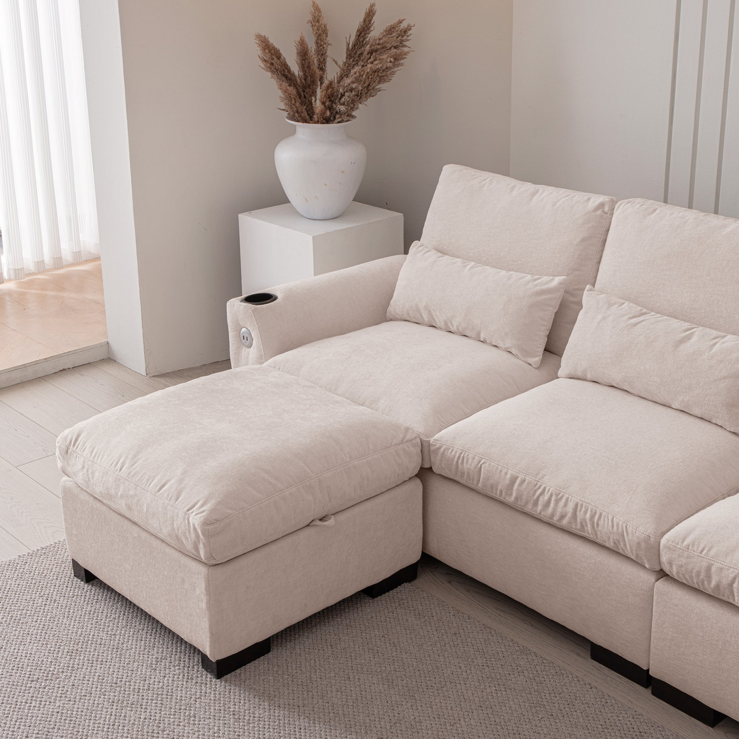 114.5"Modern Modular L Shaped Chenille Sofa Couch Reversible Ottoman With Storage Removable and Washable Cushions Sofa With USB Ports & Cup Holder For Living Room
