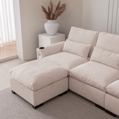 114.5"Modern Modular L Shaped Chenille Sofa Couch Reversible Ottoman With Storage Removable and Washable Cushions Sofa With USB Ports & Cup Holder For Living Room