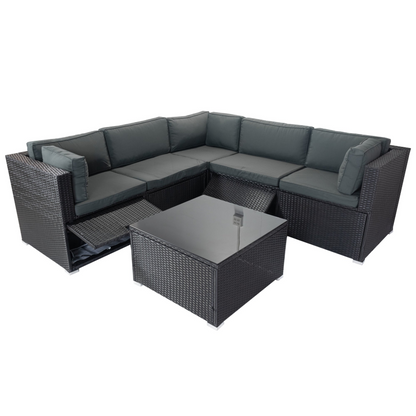 6 Pieces PE Rattan sectional Outdoor Furniture Cushioned  Sofa Set with 3 Storage Under Seat Black Wicker + Dark Grey Cushion