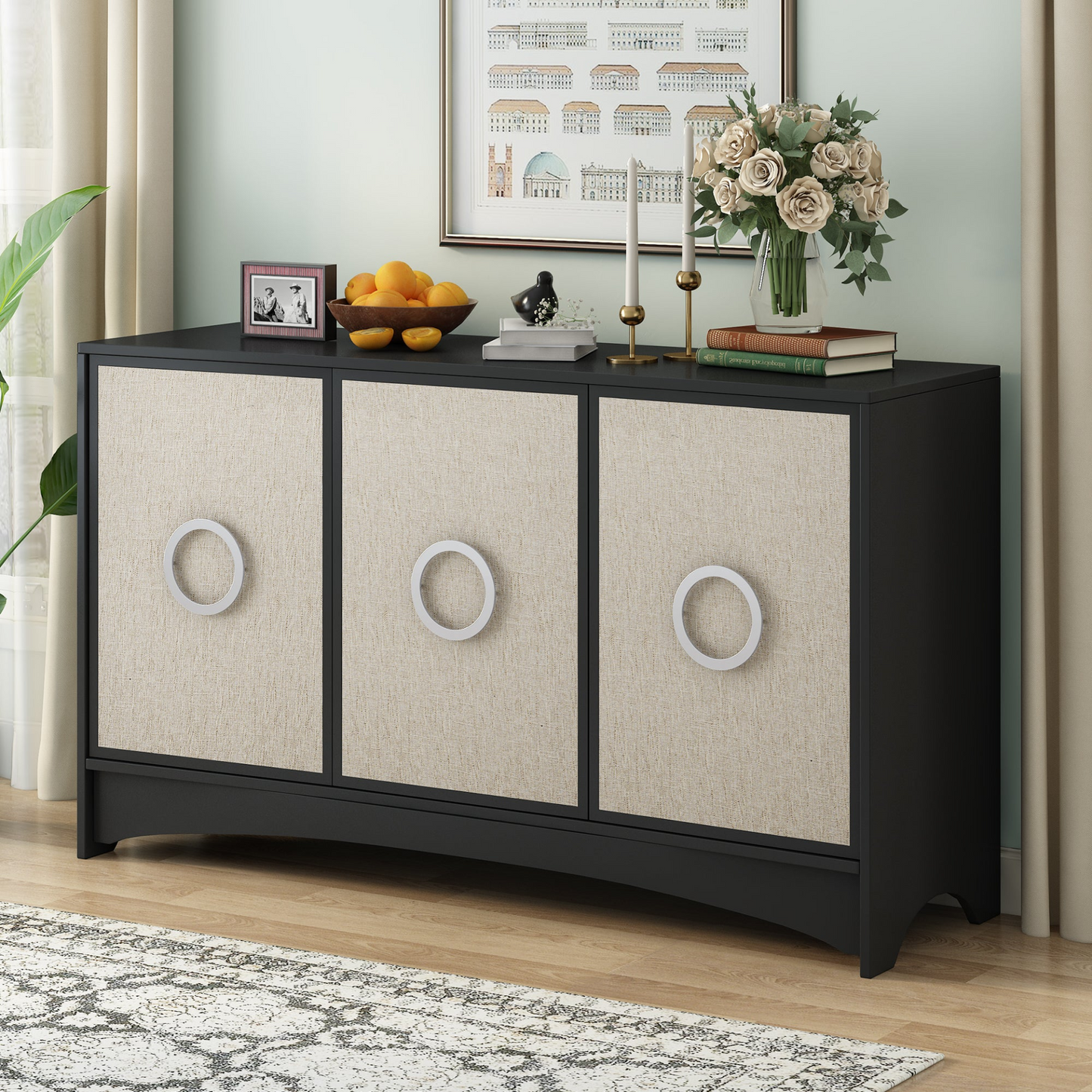 Curved Design Storage Cabinet with Three Doors and Adjustable shelves, Suitable for Corridors, Entrances, Living rooms, and Study