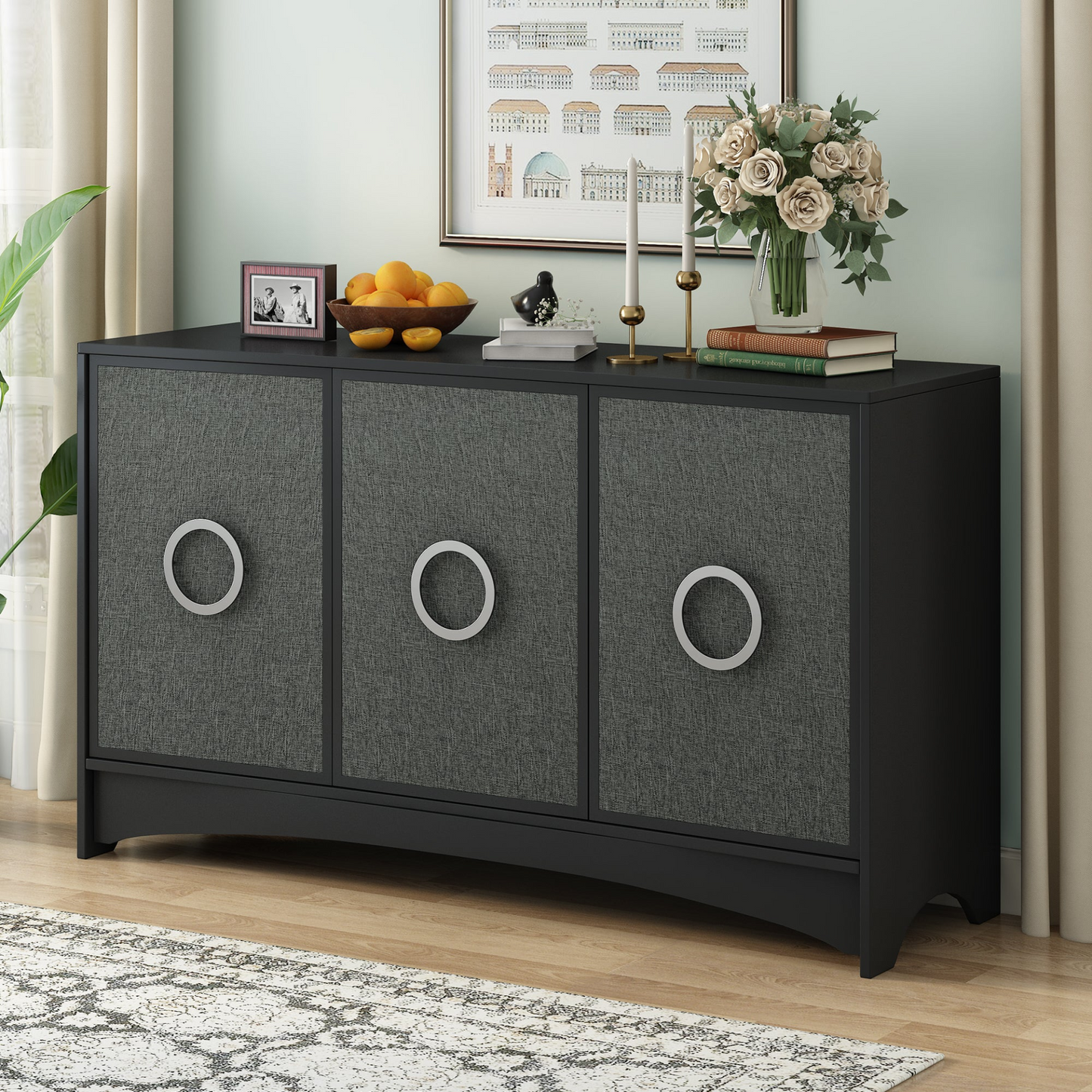 Curved Design Storage Cabinet with Three Doors and Adjustable shelves, Suitable for Corridors, Entrances, Living rooms, and Study