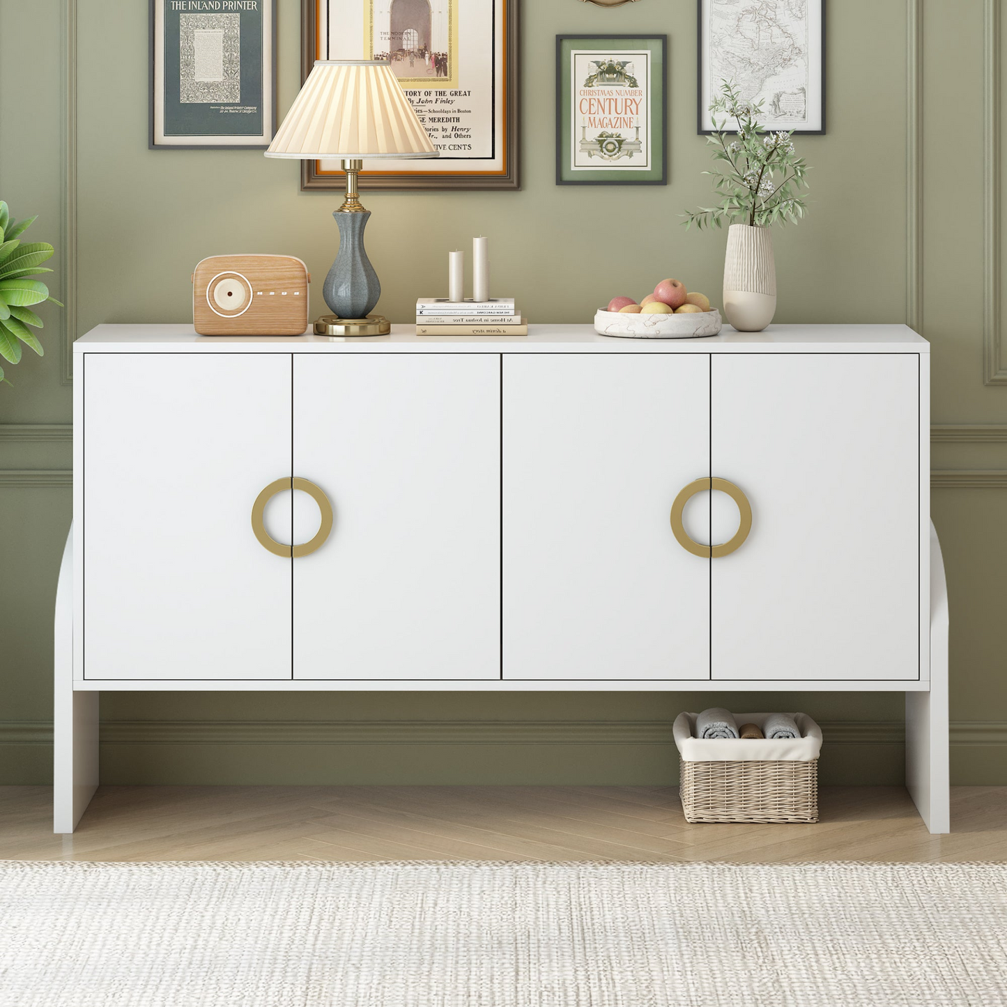 Four-Door Metal Handle Storage Cabinet, Suitable for Study, Living room, Adjustable Shelf