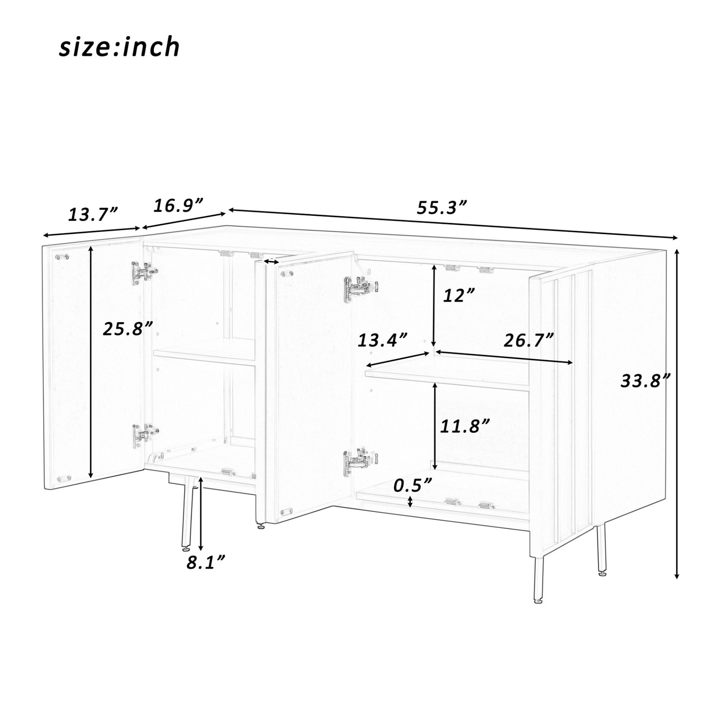 Modern Cabinet with 4 Doors, Suitable for Living Rooms, Entrance and Study Rooms.