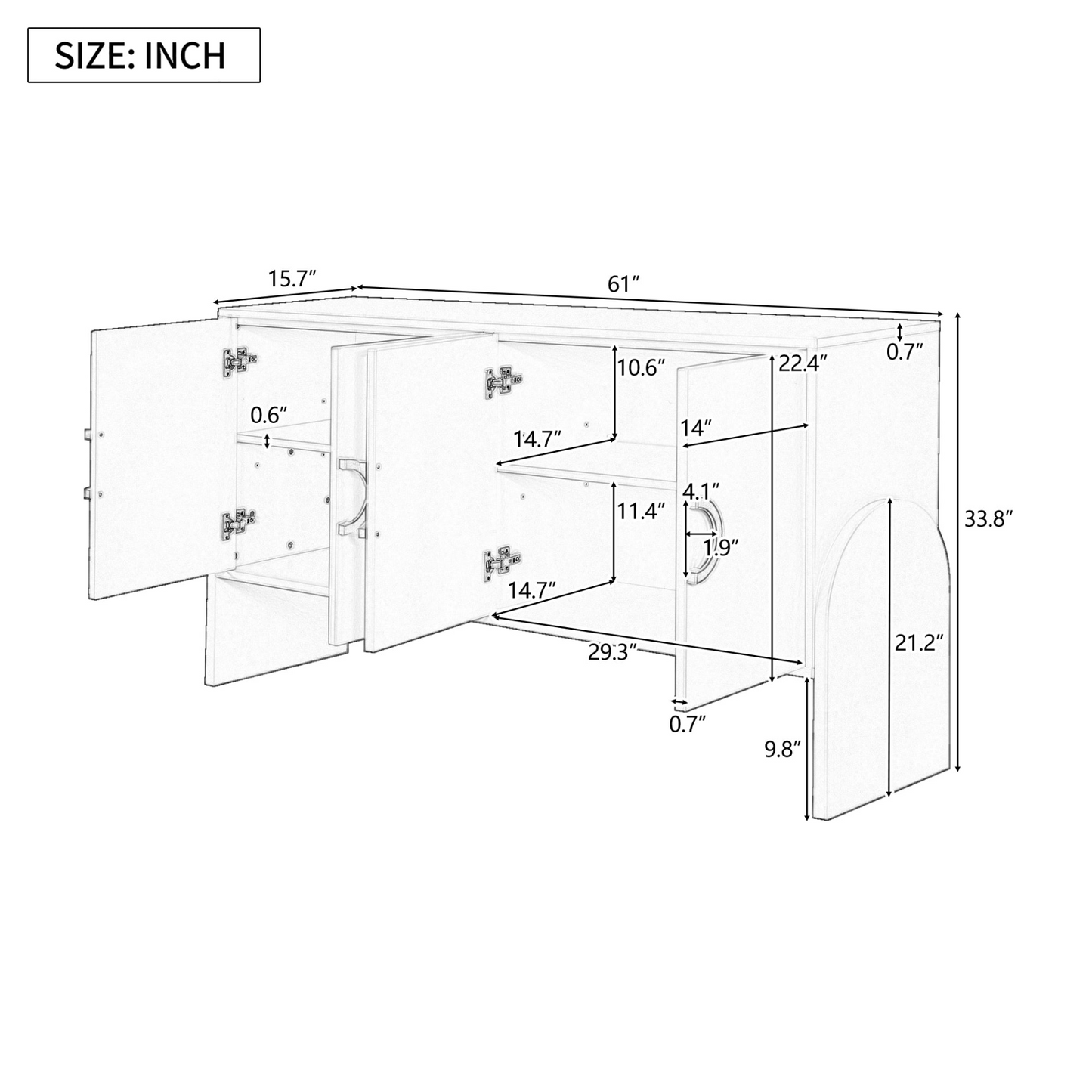 Four-Door Metal Handle Storage Cabinet, Suitable for Study, Living room, Adjustable Shelf