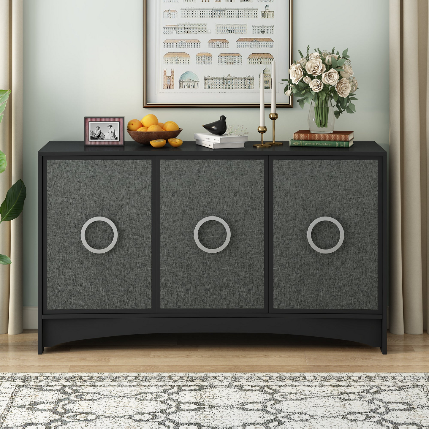 Curved Design Storage Cabinet with Three Doors and Adjustable shelves, Suitable for Corridors, Entrances, Living rooms, and Study