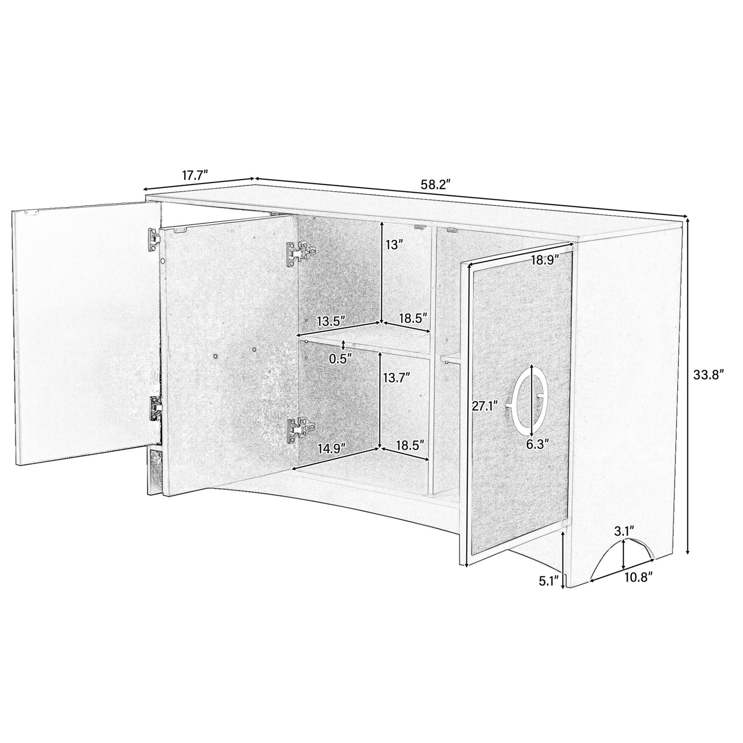 Curved Design Storage Cabinet with Three Doors and Adjustable shelves, Suitable for Corridors, Entrances, Living rooms, and Study