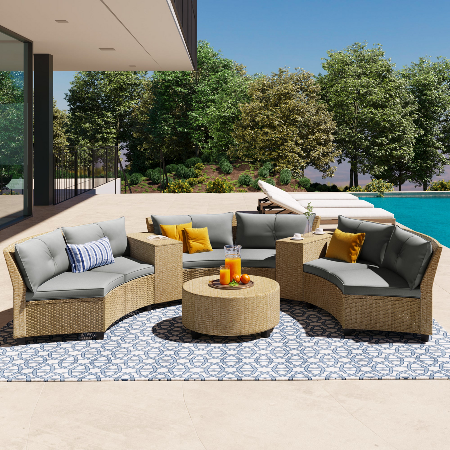 6 - Person Fan-shaped Rattan Suit Combination with Cushions and Table,Suitable for Garden