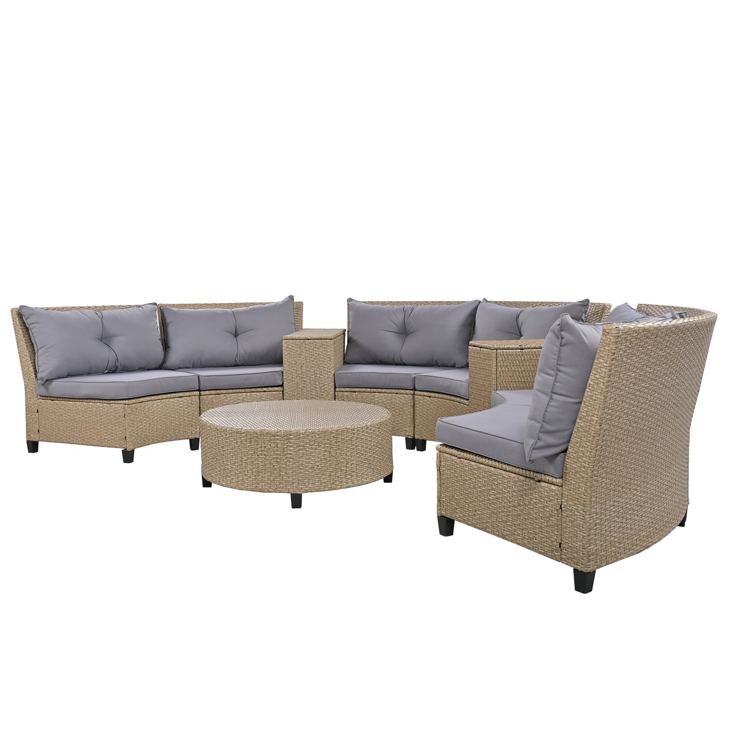 6 - Person Fan-shaped Rattan Suit Combination with Cushions and Table,Suitable for Garden