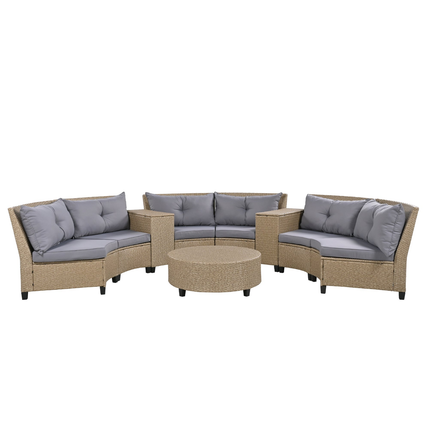 6 - Person Fan-shaped Rattan Suit Combination with Cushions and Table,Suitable for Garden