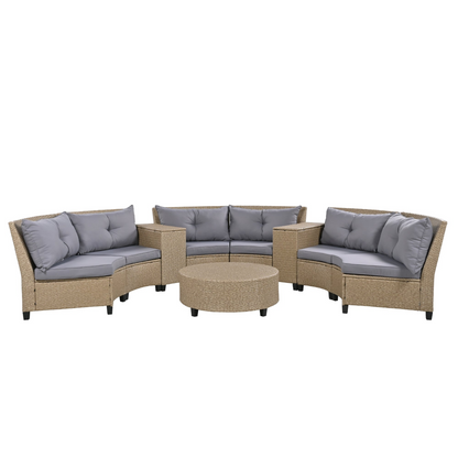 6 - Person Fan-shaped Rattan Suit Combination with Cushions and Table,Suitable for Garden