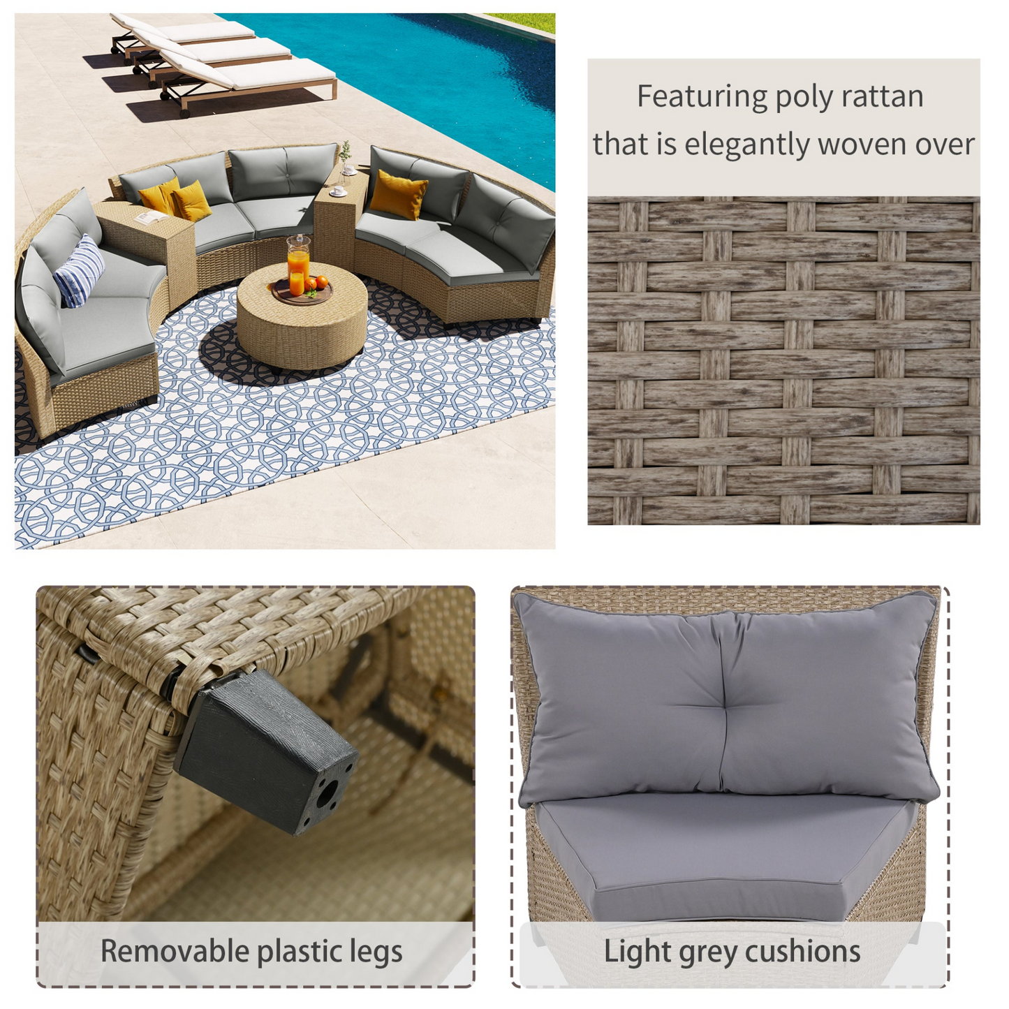 6 - Person Fan-shaped Rattan Suit Combination with Cushions and Table,Suitable for Garden